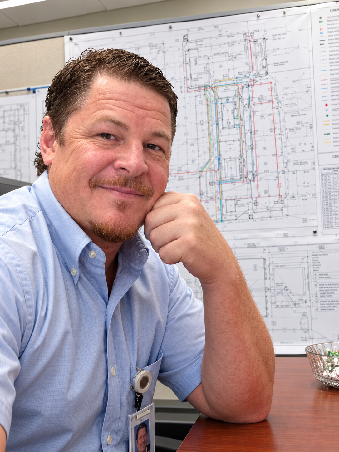 AQScope estimator seated at a desk in front of construction drawings